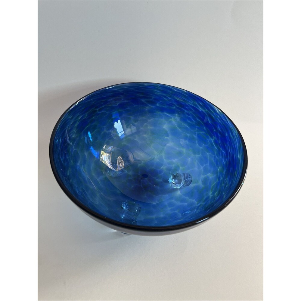 CALIFORNIA Studio Art GLASS Blue 3 Footed Bowl Signed DEAN BENSEN 2003